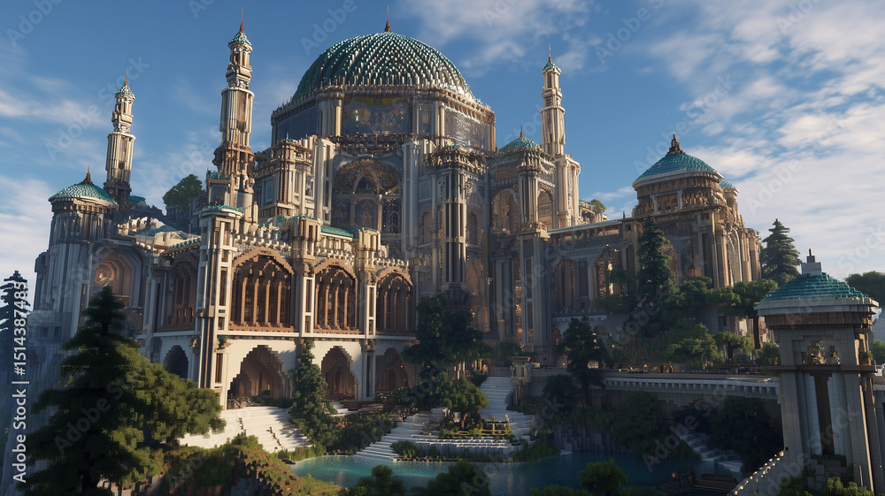 Obraz premium Stunning futuristic castle featuring intricate architecture, lush greenery, and serene water feature, blending technology with nature in captivating landscape