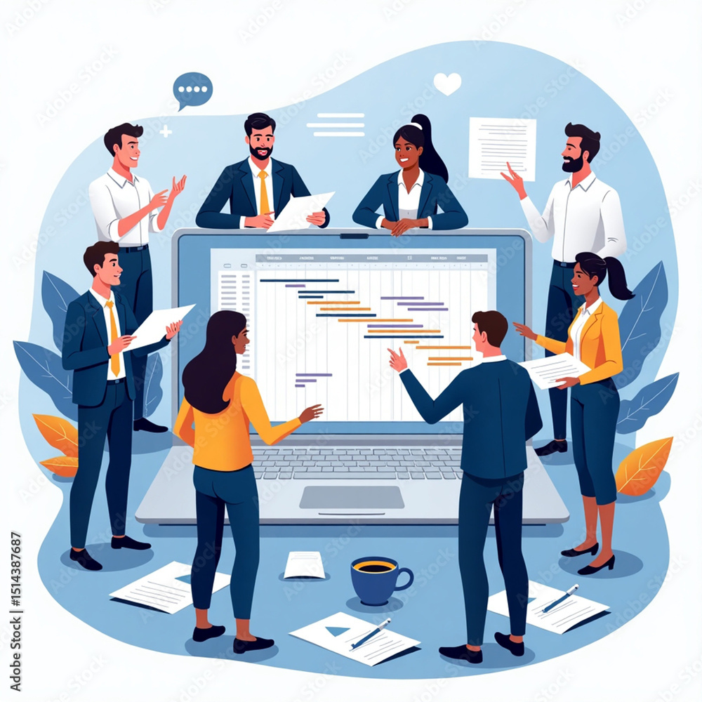 Illustration of a business team analyzing a Gantt chart on a giant laptop screen. The team members are engaged in discussion, planning, and project management. The scene symbolizes teamwork, task sche Illustration of a business team analyzing a Gantt chart on a giant laptop screen. The team members are engaged in discussion, planning, and project management. The scene symbolizes teamwork, task sche
