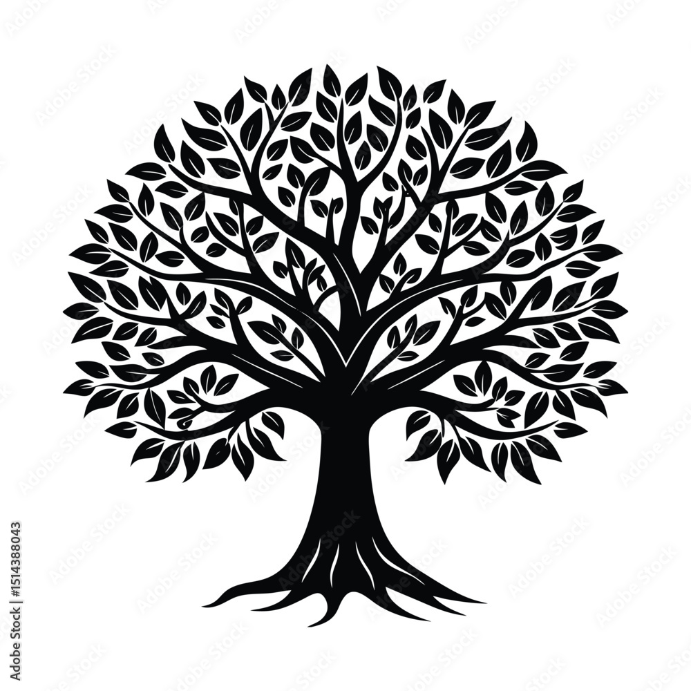 Obraz premium Vector nature illustration of a black tree silhouette with roots and branches, a design symbol of growth.