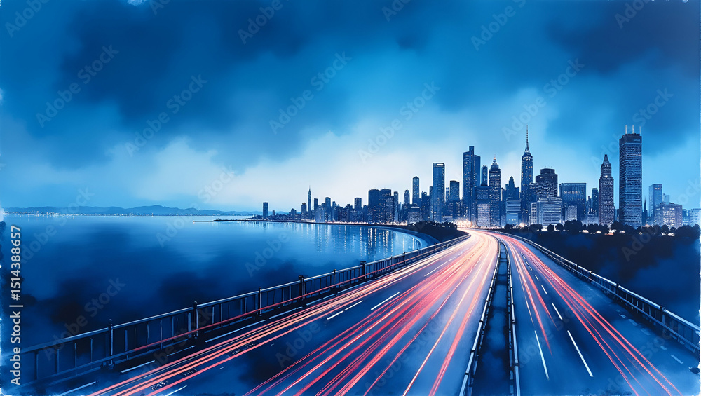 Obraz premium Blue Hour Long Exposure: Captivating Cityscape Photography from Observation Deck with Starburst Traffic Trails and Illuminated Skyline - Photo Stock Concept