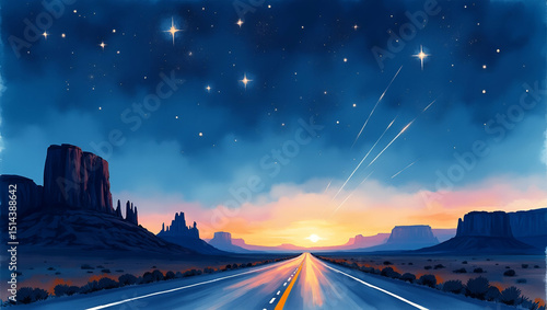 Star studded night sky over desert highway illuminated by meteor shower streaks and silhouetted rock formations capturing immersive night sky scenery in  Photo Stock  Concept  and empty space on the l