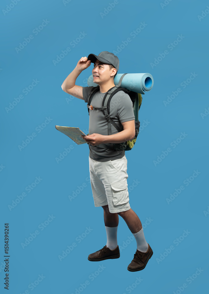 Adventurer on a journey gazing at the horizon with a map in hand set against a blue backdrop Adventurer on a journey gazing at the horizon with a map in hand set against a blue backdrop