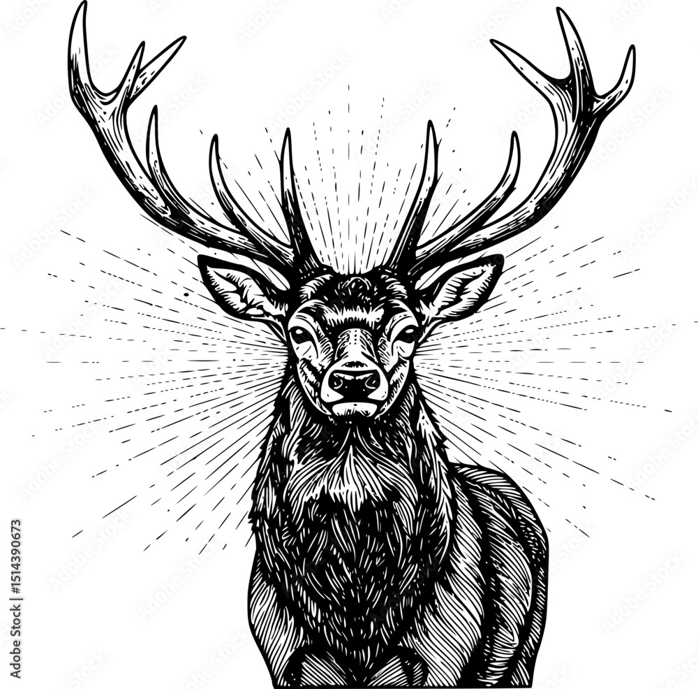 Obraz premium deer, deer silhouette, deer antlers, black and white deer, minimalist deer illustration 