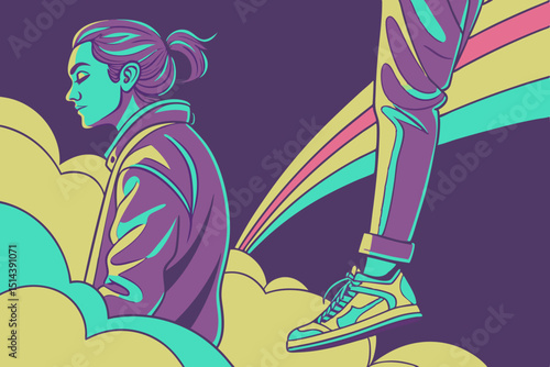 Dreamy Illustration of a Pensive Person and a Foot Stepping on Clouds