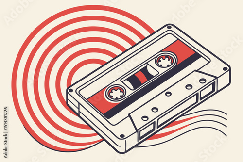 Retro Cassette Tape with Red and White Circular Background Illustration