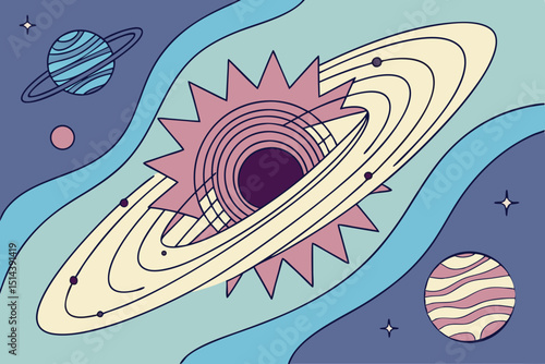 Abstract Cosmic Landscape with Planets Stars and a Black Hole Illustration