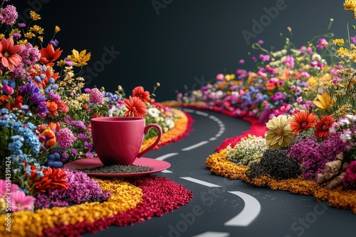 Wallpaper Mural Colorful flower-lined road with a cup of beverage. Torontodigital.ca