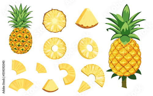 Set of fresh Pineapples tropical fruit icons. Whole pineapple, cut and pieces. Organic fruits for juice, smoothie or vitamin healthy food. Vector icons illustration isolated on white background.