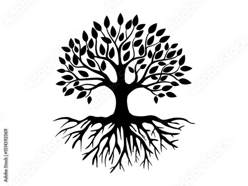Black Trees and root with leaves look beautiful and refreshing. Tree and roots LOGO style.
