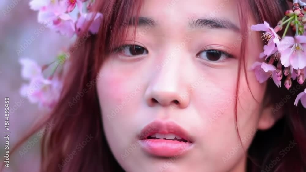 A serene portrait of a girl with cherry blossoms framing her face. A serene portrait of a girl with cherry blossoms framing her face.