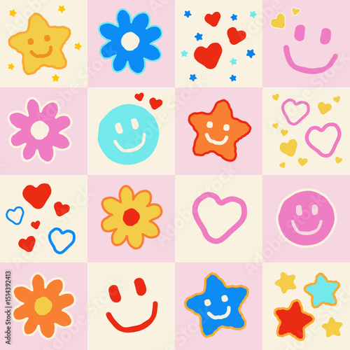 Cute retro doodle tile pattern with stars, smiley faces, and flowers. seamless pattern.