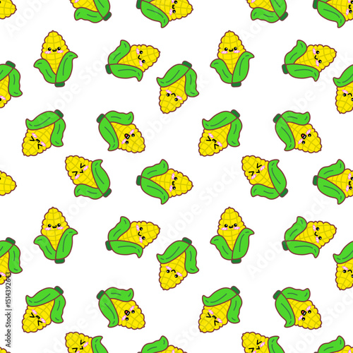 Cute Kawaii Corn Seamless Pattern on White Background