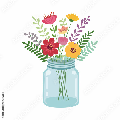 A cozy bouquet in a jar with wild garden flowers, ideal for homemade or craft-style designs.