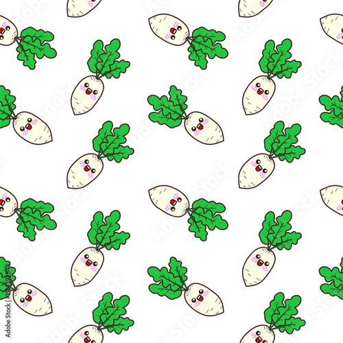 Cute Kawaii Daikon Seamless Pattern on White Background