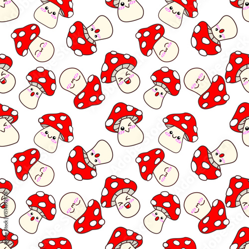 Cute Kawaii Mushroom Seamless Pattern on White Background