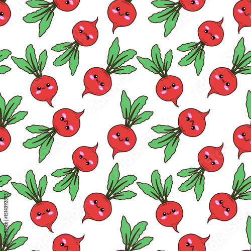 Cute Kawaii Radish Seamless Pattern on White Background