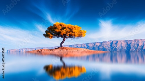 Solitary golden-leaved tree on a small island in calm, reflective water, with mountains in the background under a vibrant blue sky