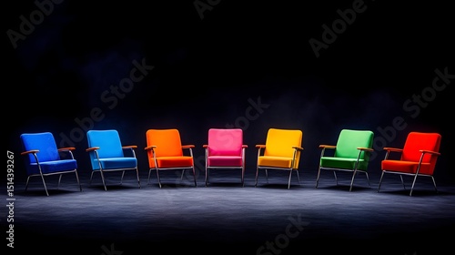 Seven vibrantly colored armchairs arranged in a circle on a dark stage, illuminated by a subtle spotlight, creating a dramatic and mysterious atmosphere