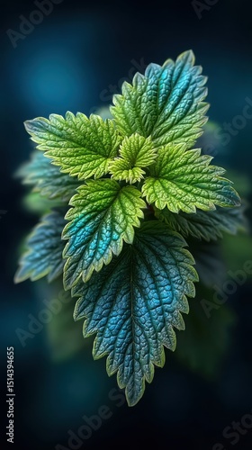 Blue fern and green Christmas tree branches, with a stinging nettle leaf isolated on black, showcase nature's diverse summer foliage