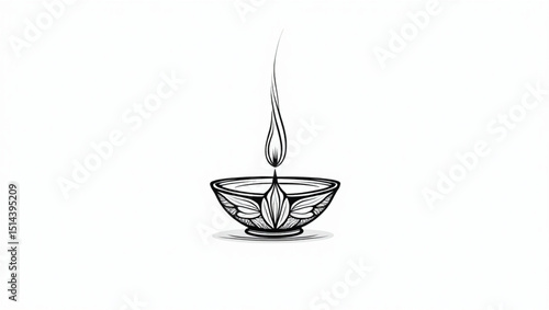 "Minimalist Black and White Vector Illustration of a Traditional Diya Oil Lamp with Decorative Flame, Perfect for Diwali Festival, Hindu Celebrations, Religious Art, and Festive Design Use."