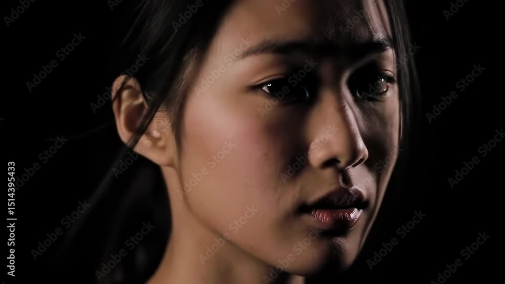 A serene close-up portrait of a woman with an introspective expression. A serene close-up portrait of a woman with an introspective expression.