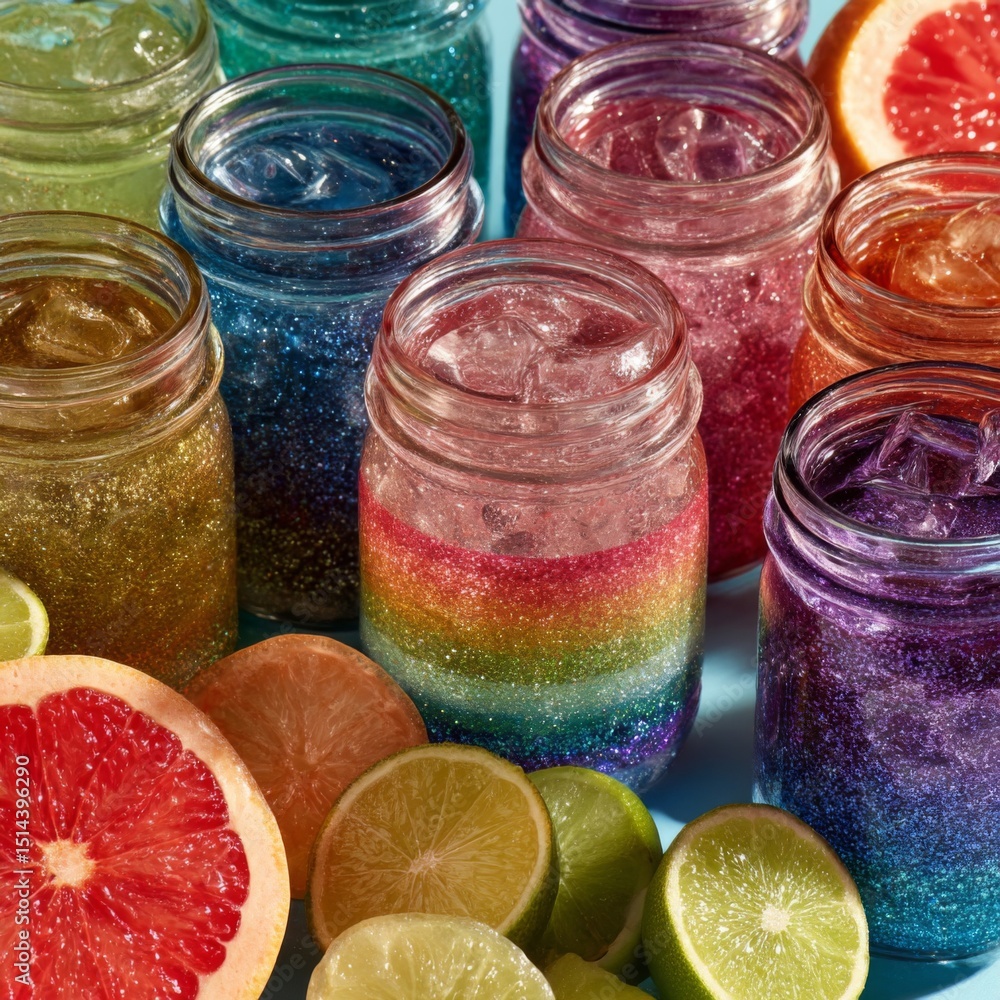 Rainbow Glitter Drinks in Mason Jars with Citrus Fruit Rainbow Glitter Drinks in Mason Jars with Citrus Fruit