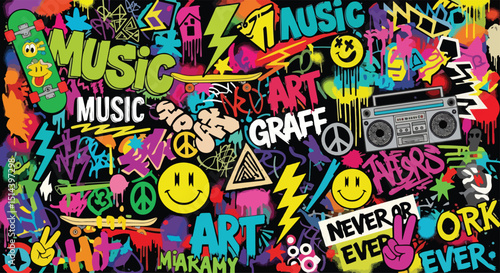 Vibrant skateboard culture vector illustration: skateboards, shoes, graffiti, and playful elements. Perfect for backgrounds, posters