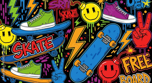Vibrant skateboard culture vector illustration: skateboards, shoes, graffiti, and playful elements. Perfect for backgrounds, posters