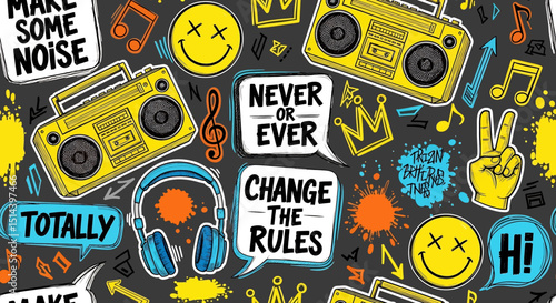 Vibrant skateboard culture vector illustration: skateboards, shoes, graffiti, and playful elements. Perfect for backgrounds, posters