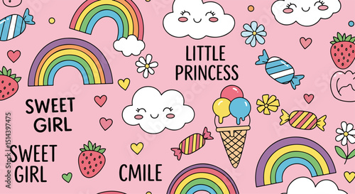 Adobe Illustrator Artwork Adorable pink kawaii seamless pattern featuring rainbows, clouds, ice cream, candies, and strawberries, perfect for sweet girl designs and backgrounds