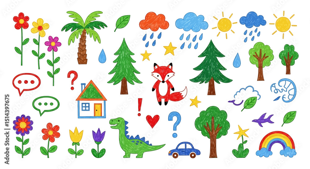 Charming hand-drawn children's doodle set: cute animals (fox, dinosaurs), nature (trees, flowers, sun, clouds), house, car, and playful elements. Ideal for kid-friendly designs Charming hand-drawn children's doodle set: cute animals (fox, dinosaurs), nature (trees, flowers, sun, clouds), house, car, and playful elements. Ideal for kid-friendly designs