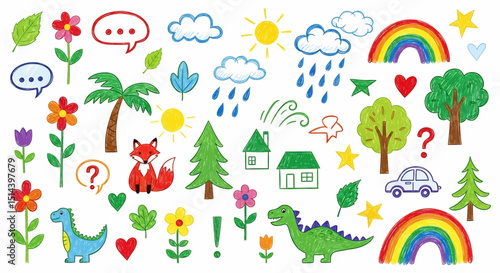 Charming hand-drawn children's doodle set: cute animals (fox, dinosaurs), nature (trees, flowers, sun, clouds), house, car, and playful elements. Ideal for kid-friendly designs