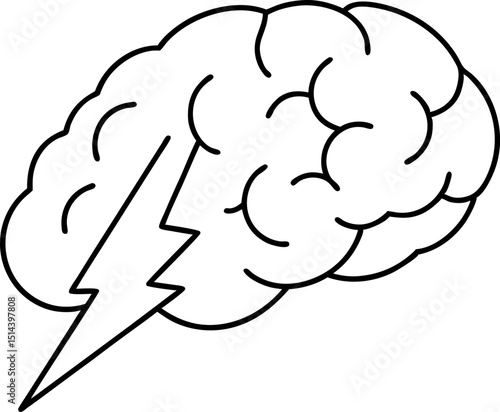 Brain With Lightning Bolt Line Art Vector Illustration