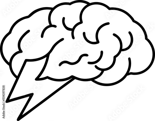Brain With Lightning Bolt Line Art Vector Illustration