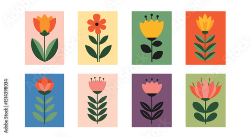 Adobe Illustrator Artwork Set of eight vibrant abstract floral illustrations in bold color blocks. Modern, stylish botanical designs perfect for prints and decor