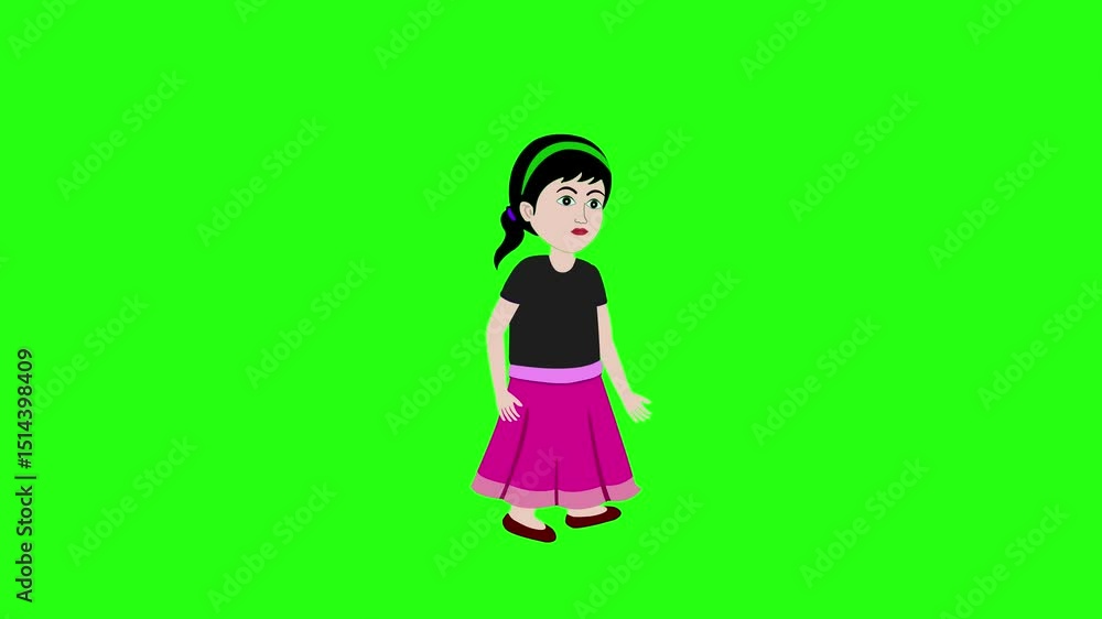 Girl cartoon character walking 2d animation video and green screen background Girl cartoon character walking 2d animation video and green screen background