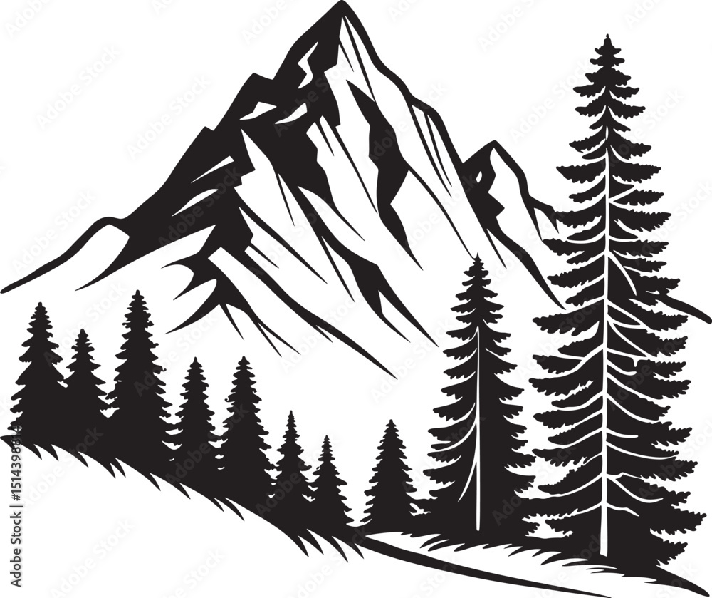 Obraz premium mountain silhouette, pine tree forest minimalist design, graphic art, vector graphics