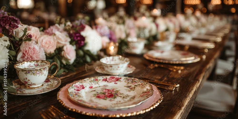 Fototapeta premium Romantic Vintage Table Setting with Floral Centerpiece
