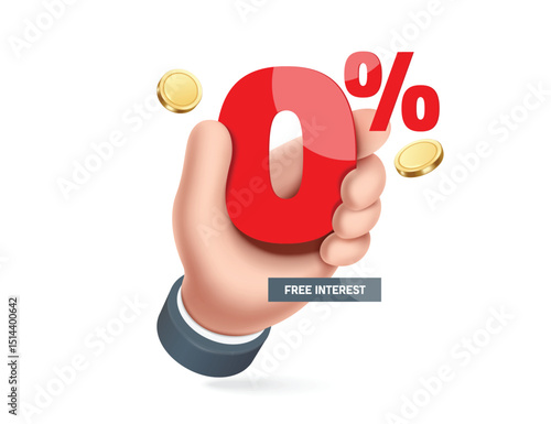 Left hand hold red number 0% for free fee and interest free advertising design, vector 3d illustration isolated on white background for zero percent promotion advertisement design