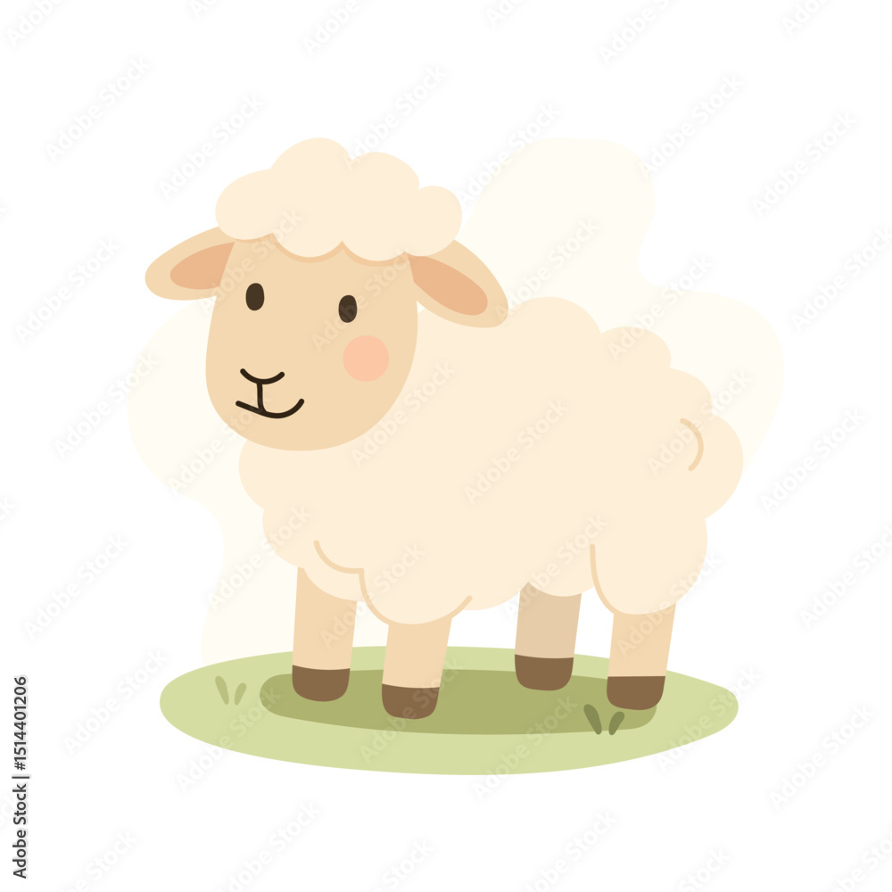 Obraz premium Cartoon lamb with fluffy wool stands on grass, lamb adds softness to farm visuals, lamb perfect for kids books and educational content, fits spring and animal themes.