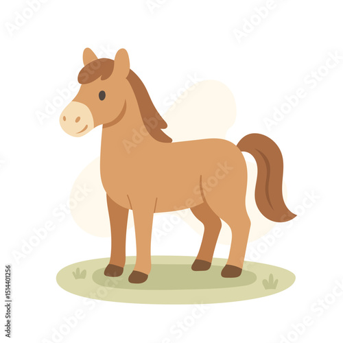 Cartoon horse stands on green grass with smile, horse adds classic farm charm, horse ideal for educational materials, brings warmth to rural-themed content.