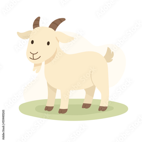 Cute cartoon goat stands on grass, goat adds fun touch to farm scenes, goat ideal for educational content, fits kids books and animal-themed illustrations.