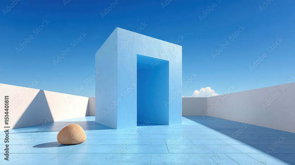 Fototapeta premium Modern minimalist architecture with geometric structure and clean lines featu a large blue rectangular doorway under clear sky with smooth white and blue surfaces