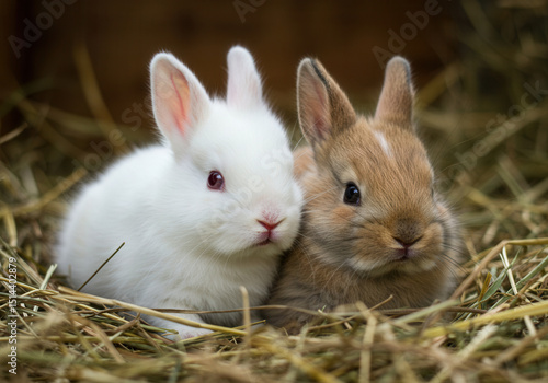 Two charming bunnies with soft fur cuddled together in a bed of hay.