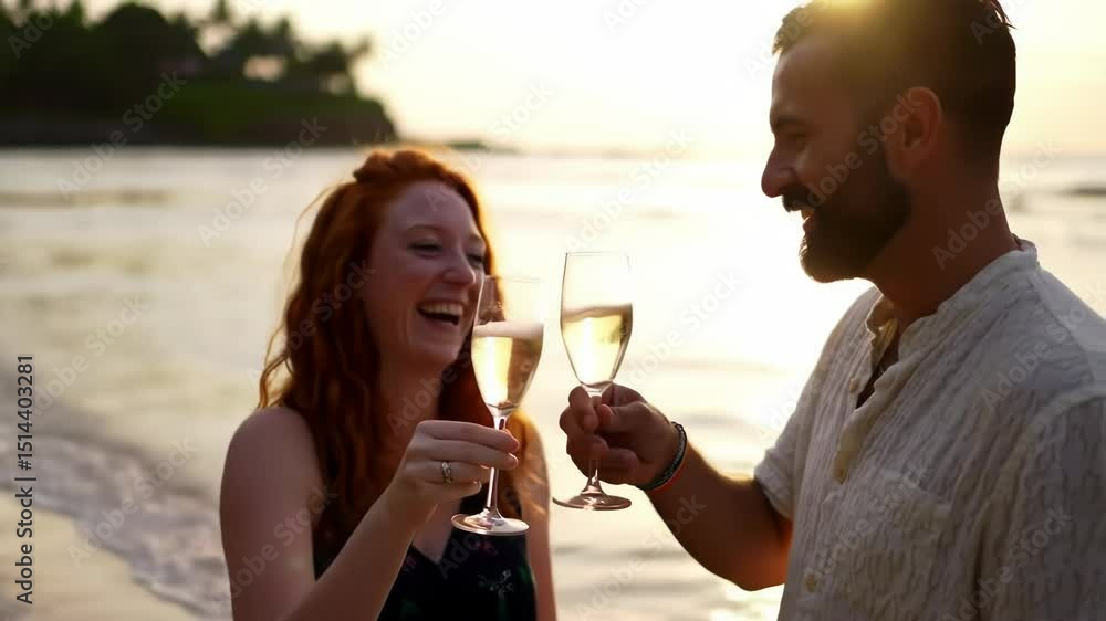 Couple toasting with champagne at sunset on a beach Couple toasting with champagne at sunset on a beach