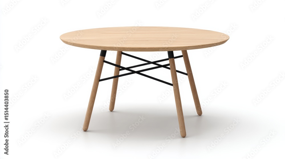 Fototapeta premium Round Wooden Table with Black Legs, Isolated on White Background, Furniture, Home Decor