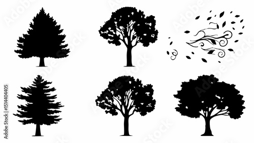 Silhouette illustrations showcasing varied tree types and a wind gust with falling leaves in black and white |eps vectors set