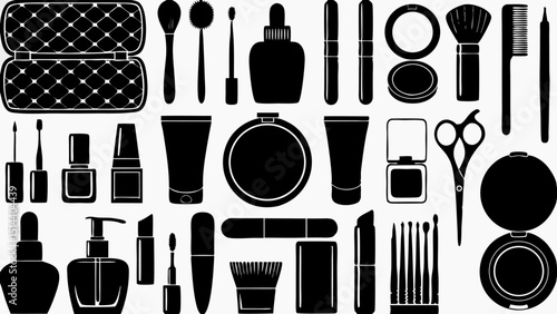 Illustration of various beauty and makeup products including brushes, bottles, and compacts on white background |eps vectors set silhouette