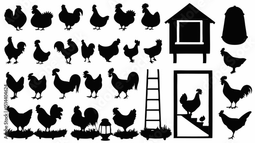 Silhouette illustration depicting various chickens, a coop, and farm related elements on a white background |eps vectors set