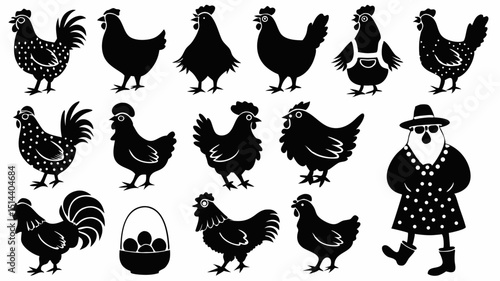 Collection of black silhouette chickens and rooster in various poses and a chicken in disguise costume 100 |eps vectors set